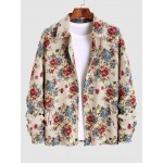 Men's Fashion Flower Jacquard Zip Up Pocket Turn Down Collar Long Sleeve Jacket