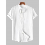 Men's Stand Collar Solid Color Buttons Short Sleeves High Low Casual Shirt