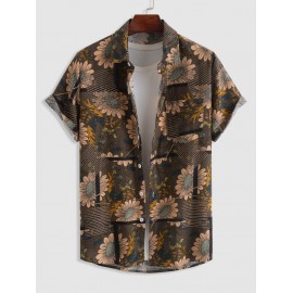 Sunflowers Pattern Cotton And Linen Textured Short Sleeves ShirtDeep Coffee -$12.11